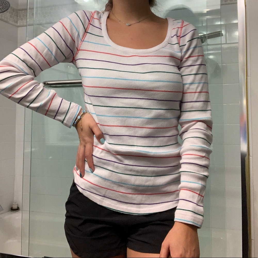 OP rainbow stripes on white long sleeve